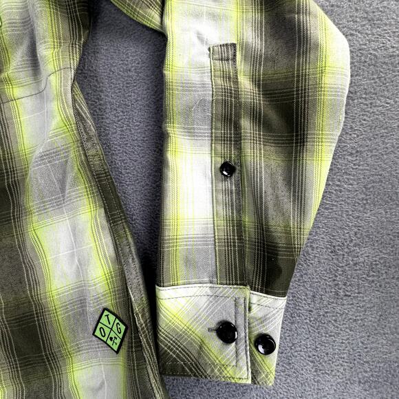 OFF the Grid Women's Bailey Technical Flannel Shirt Medium Lime Green Gray Plaid - Picture 7 of 13